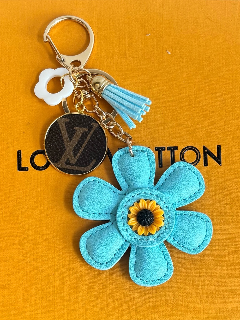 Louis Vuitton-Inspired Turquoise Flower Keychain with Sunflower Accent